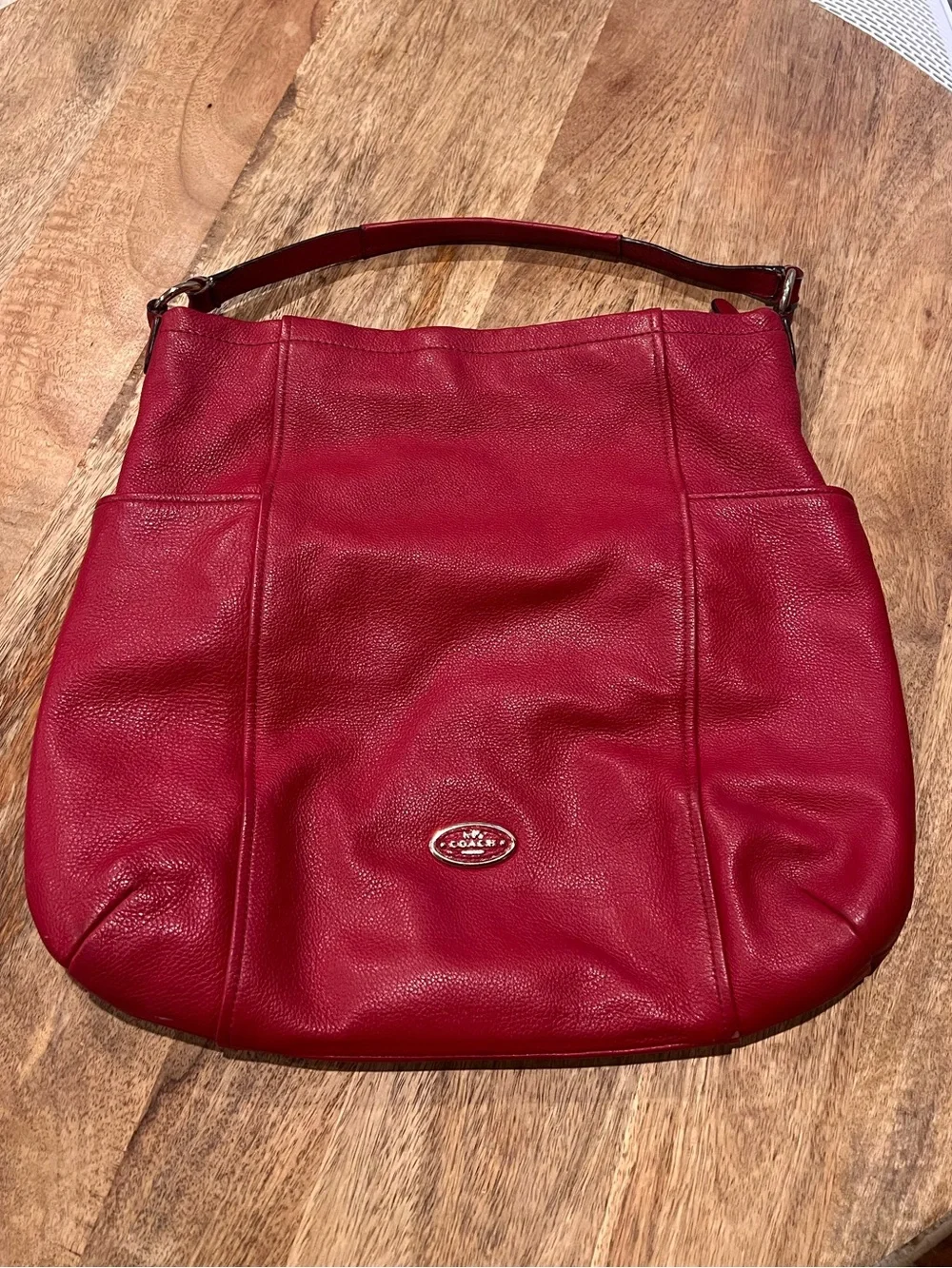 Coach Red Pebbled Leather Shoulder Bag with Logo Plaque